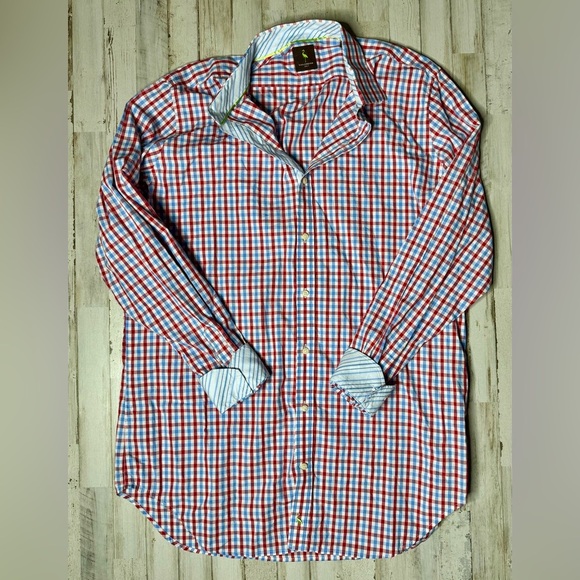 Tailorbyrd Mens Dress Shirt 2XLT Flip Cuff Long Sleeve Red Blue Button Up - Picture 1 of 14